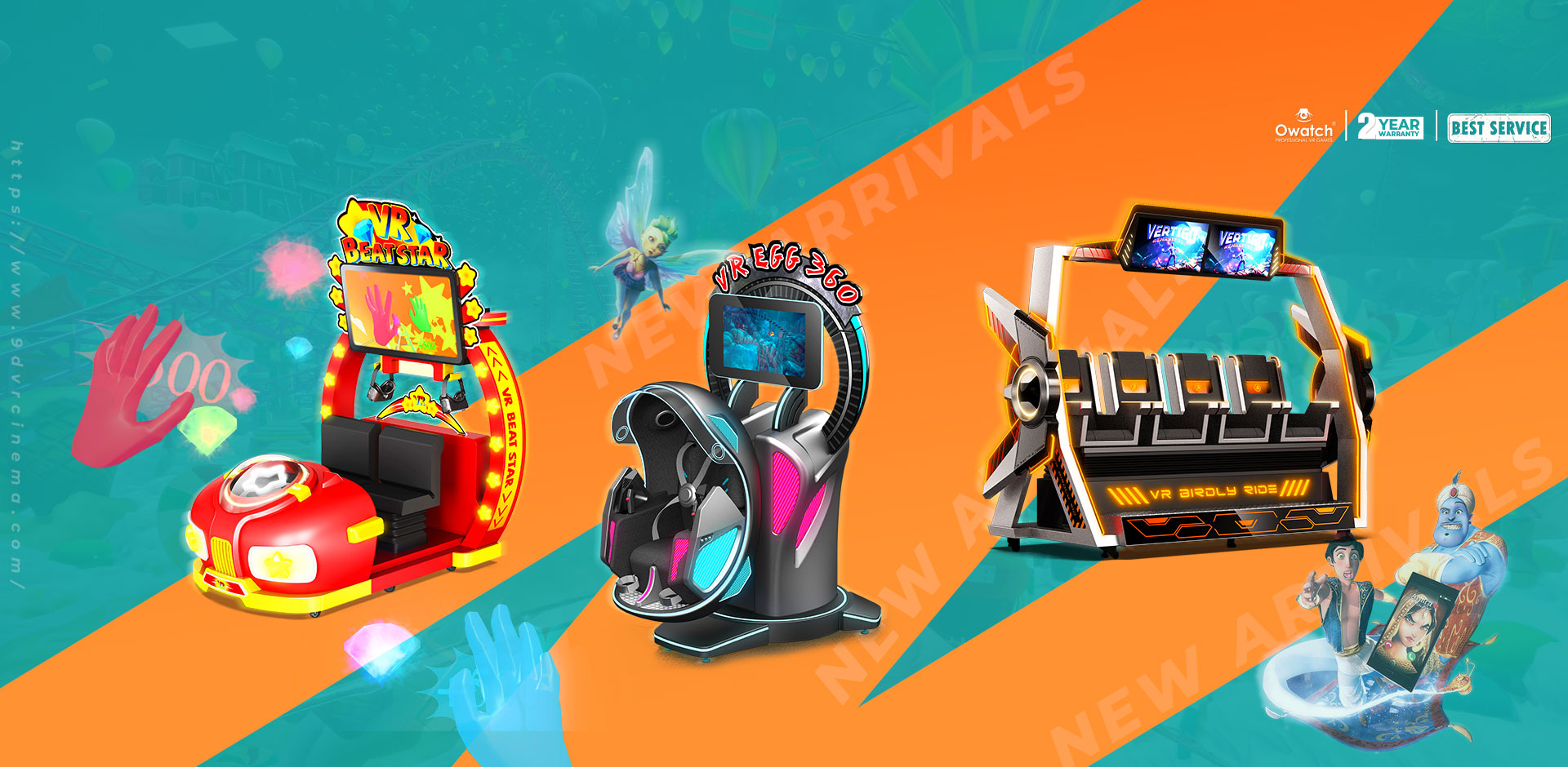 VR Beat Star (Hand Interactive Games), VR Egg 360 (Spinning Roller Coaster), VR Bridly Ride (Multi-player Dynamic Cinema)